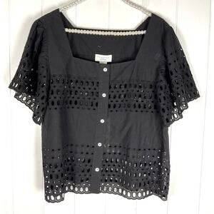 Calypso St. Barth NWT Black‎ Short Sleeve Square Neck Button Front Blouse Size L